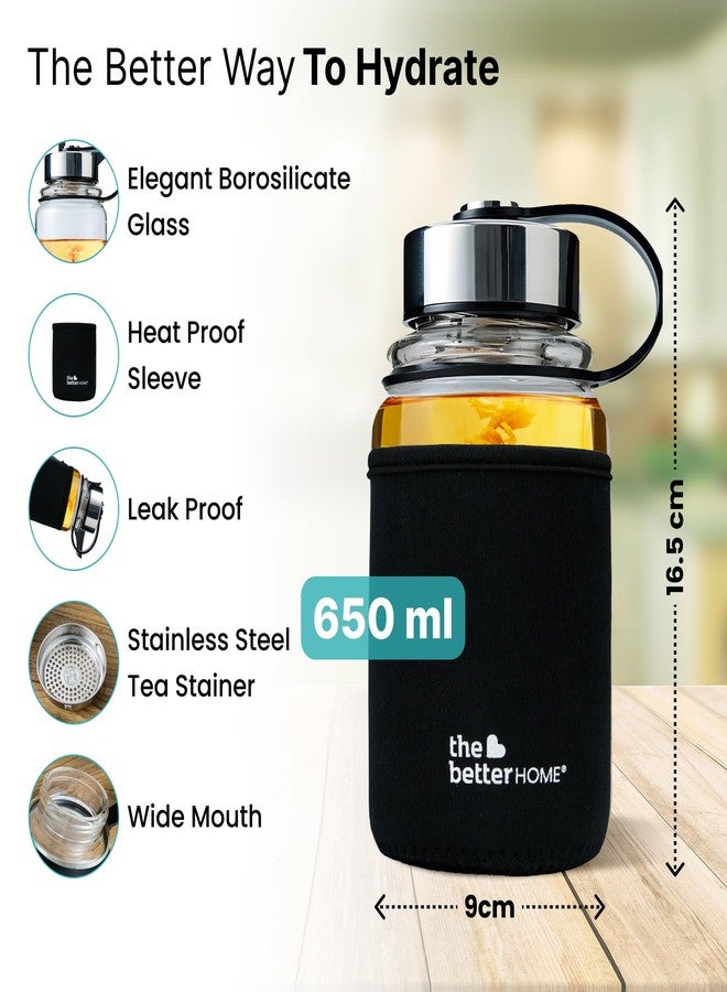 The Better Home زجاجة مياه من زجاج البوروسيليكات من ذا بيتر هوم، سعة 650 مل | مع غطاء واقٍ، مثالية للنادي الرياضي، المكتب، المدرسة | مانعة للتسرب | مقاومة للكسر | خالية من مادة BPA | عبوة واحدة، لون أسود - Image 3